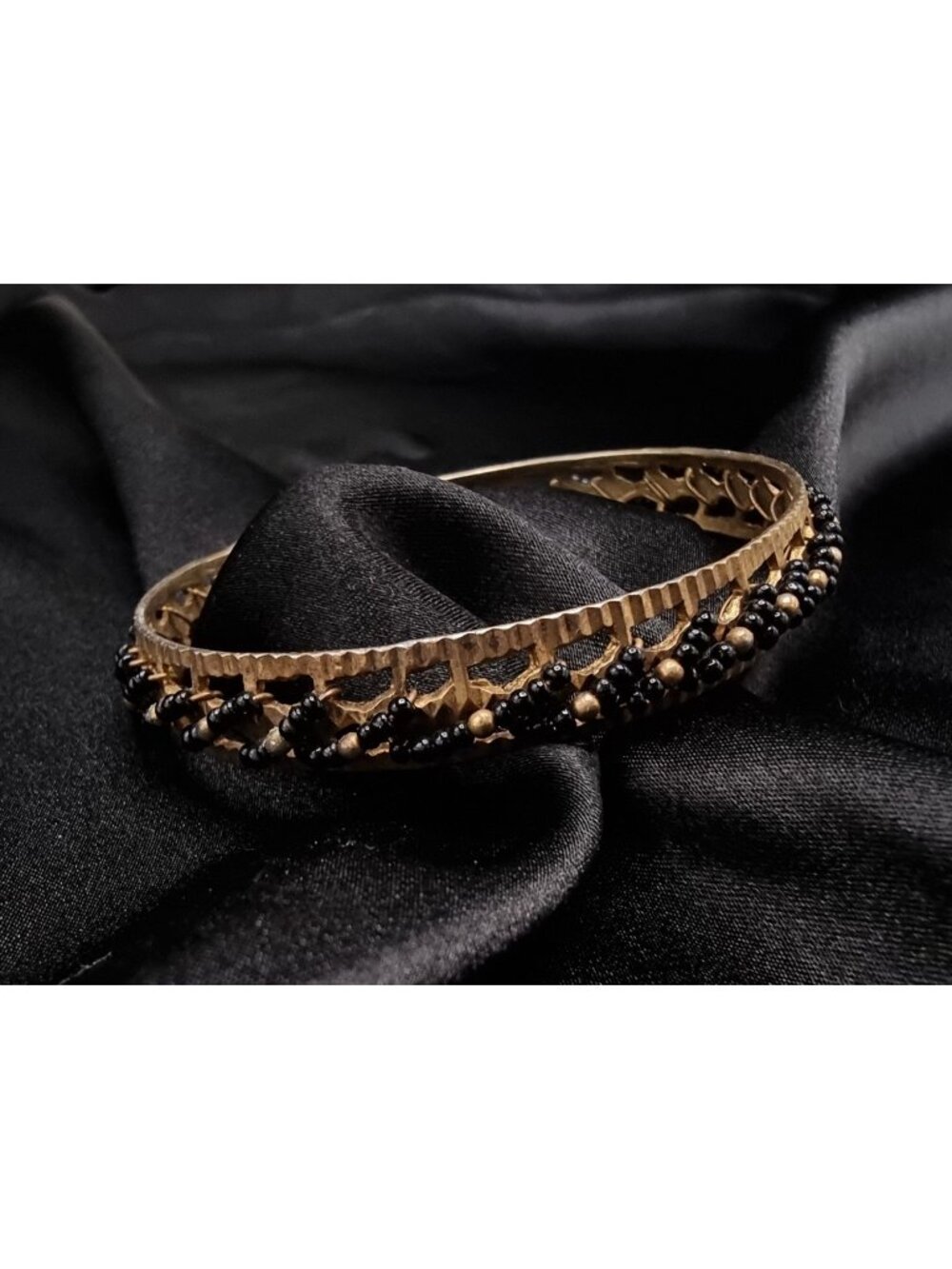 Vintage 1940s Gold-Toned Bracelet With Black Bead Detailing Intricate Design Ele